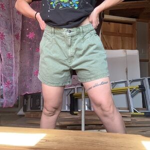 Green Denim High Rise Midi Shorts